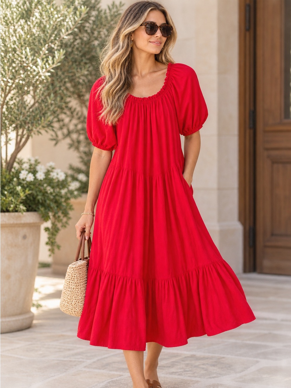 Alessia Pacini Red Linen Midi Dress Small Puff Sleeve Boho Coastal Resort size S
